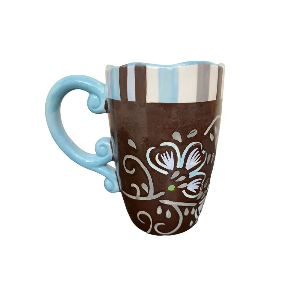 Pier‎ 1 Imports Handpainted Dolomite Coffee Mug w/Scalloped Edge Brown Blue